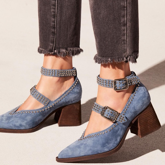 JEFFREY CAMPBELL Walk On By blue suede block heel buckle strap size LIKE NEW - Picture 1 of 7